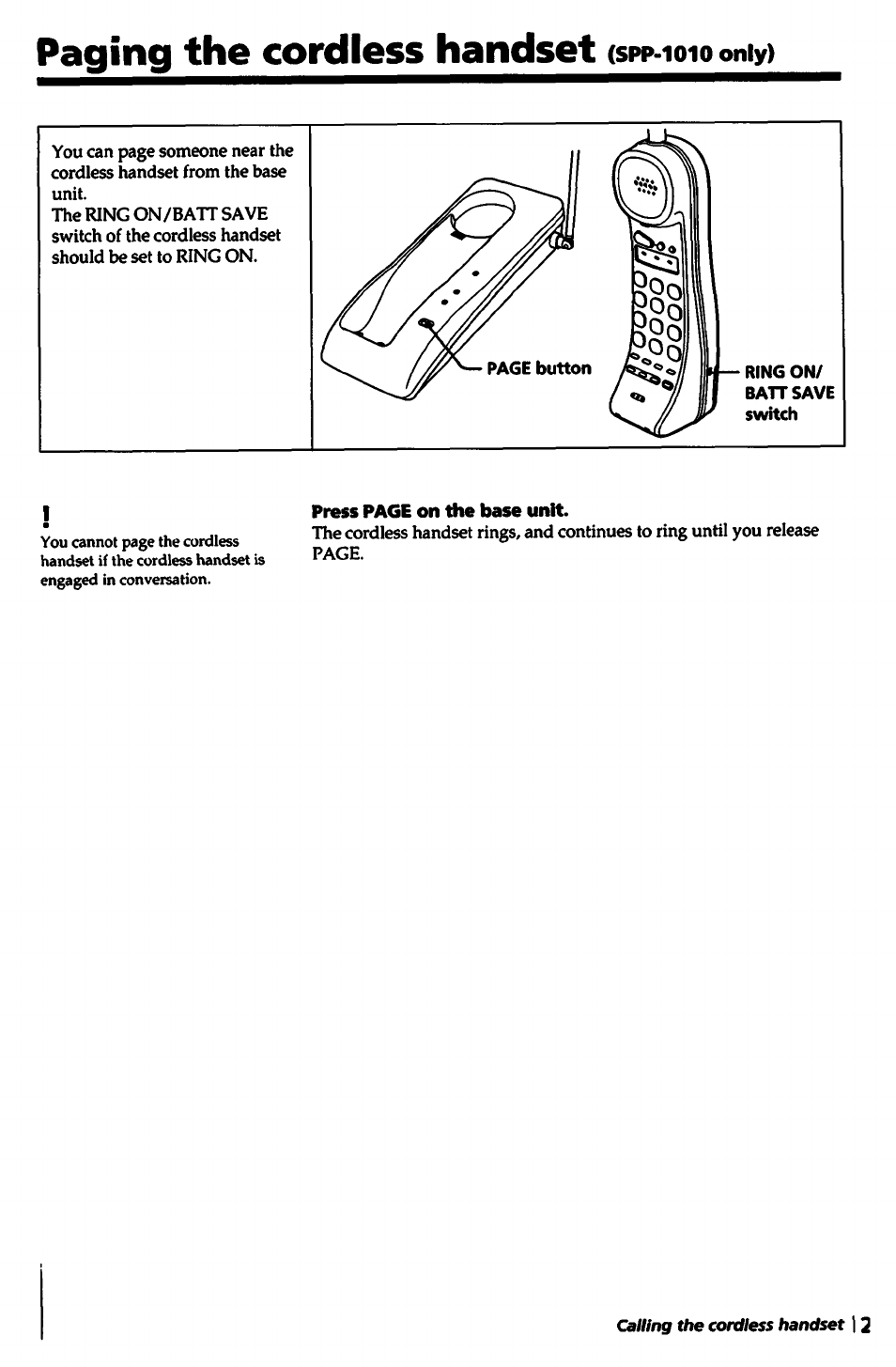 Paging the cordless handset (spp-ioio oniy, Paging the cordless handset, Oniy | Ioio | Sony SPP-1000 User Manual | Page 21 / 55