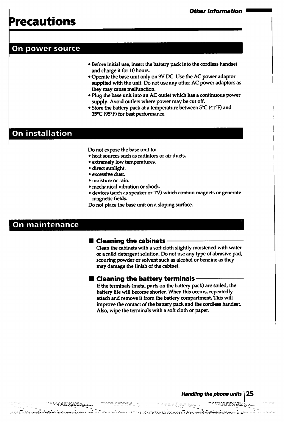 Recautions, On power source, On installation | On maintenance, Precautions, On power source on installation | Sony SPP-1000 User Manual | Page 25 / 55