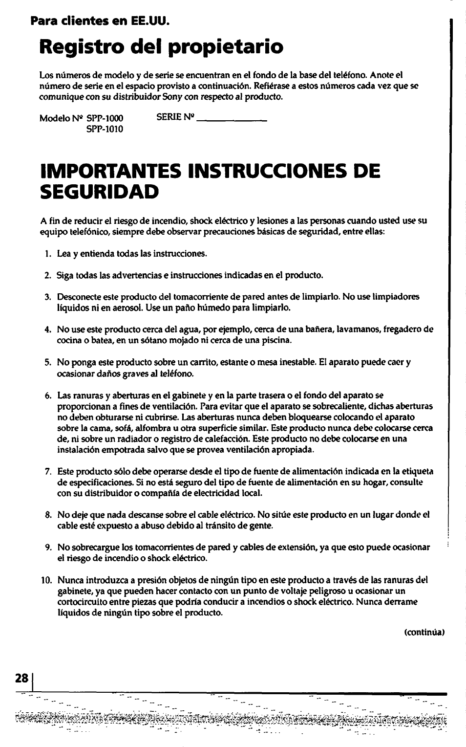 Registro del propietario, Importantes instrucciones de seguridad, Para clientes en ee.uu | Sony SPP-1000 User Manual | Page 28 / 55