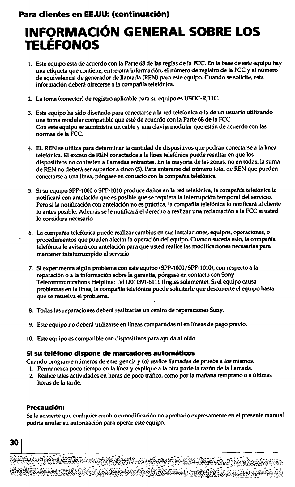Información general sobre los teléfonos, Para clientes en ee.uu: (continuación) | Sony SPP-1000 User Manual | Page 30 / 55