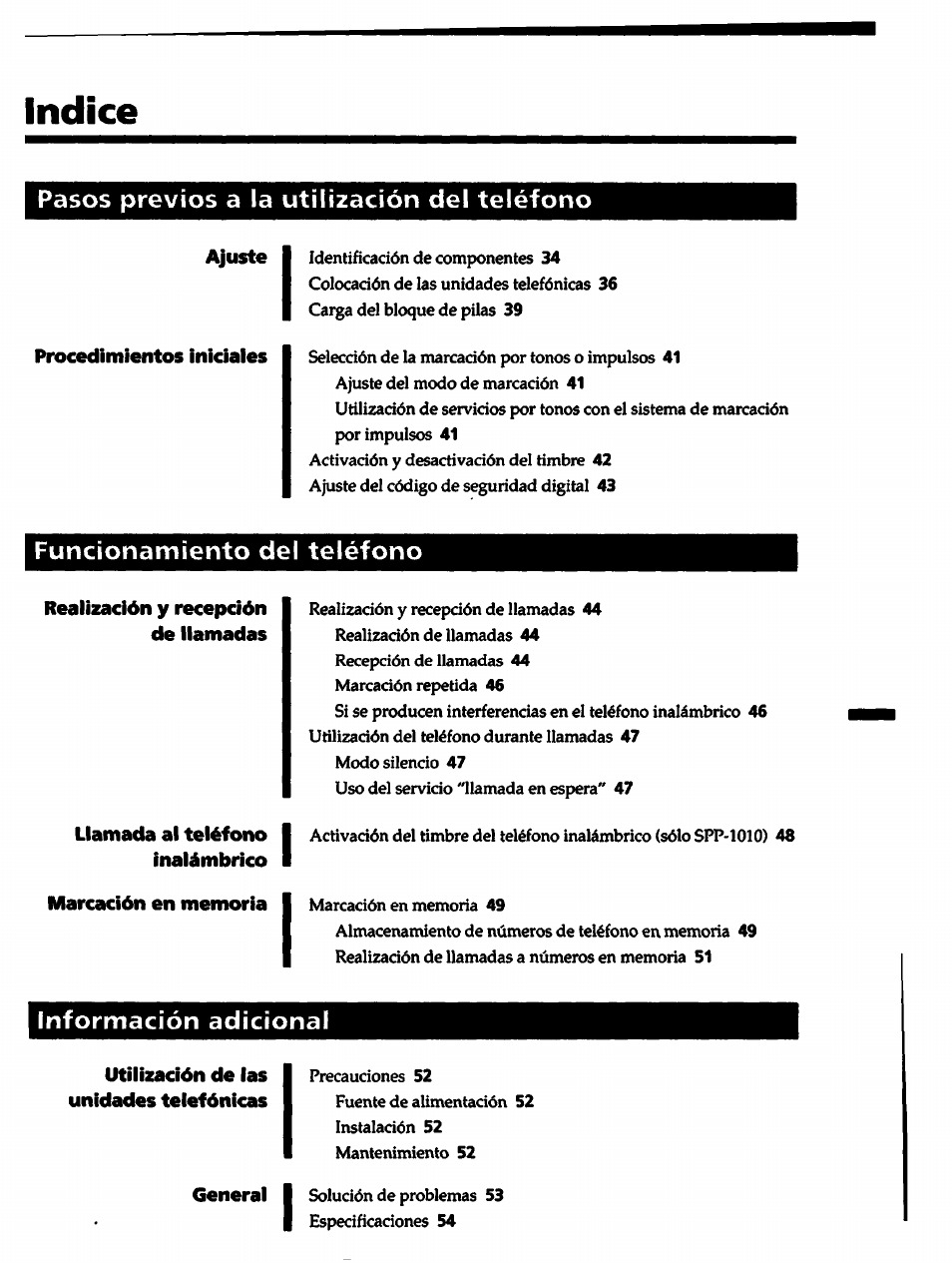 Indice, Pasos previos a la utilización del teléfono, Funcionamiento del teléfono | Información adicional | Sony SPP-1000 User Manual | Page 33 / 55