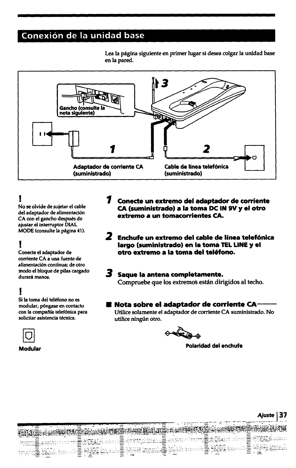 Conexión de la unidad base, 3 saque la antena completamente, Nota sobre el adaptador de corriente ca | Polaridad del enchufe | Sony SPP-1000 User Manual | Page 37 / 55