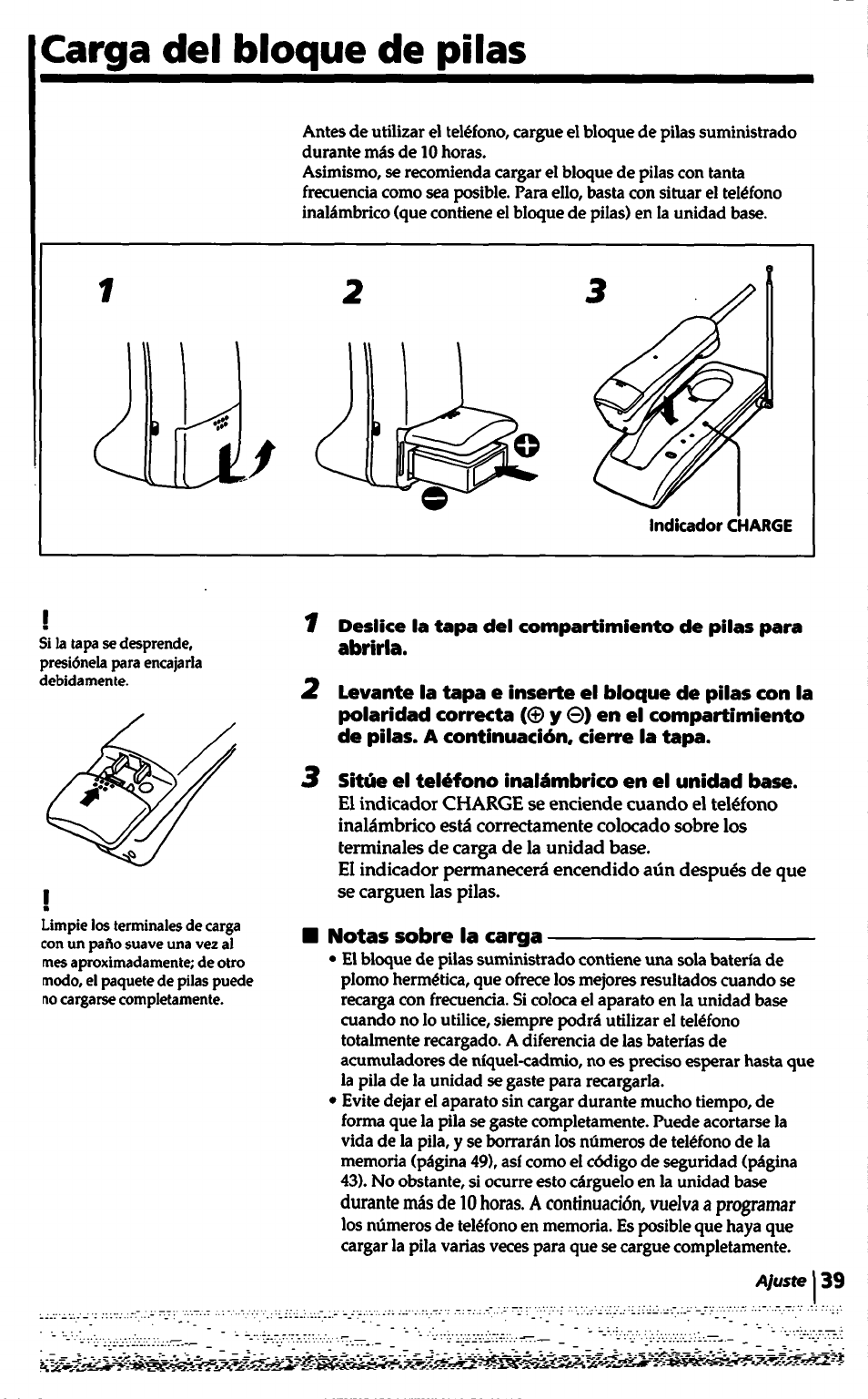 Carga del bloque de pilas, Notas sobre la carga | Sony SPP-1000 User Manual | Page 39 / 55