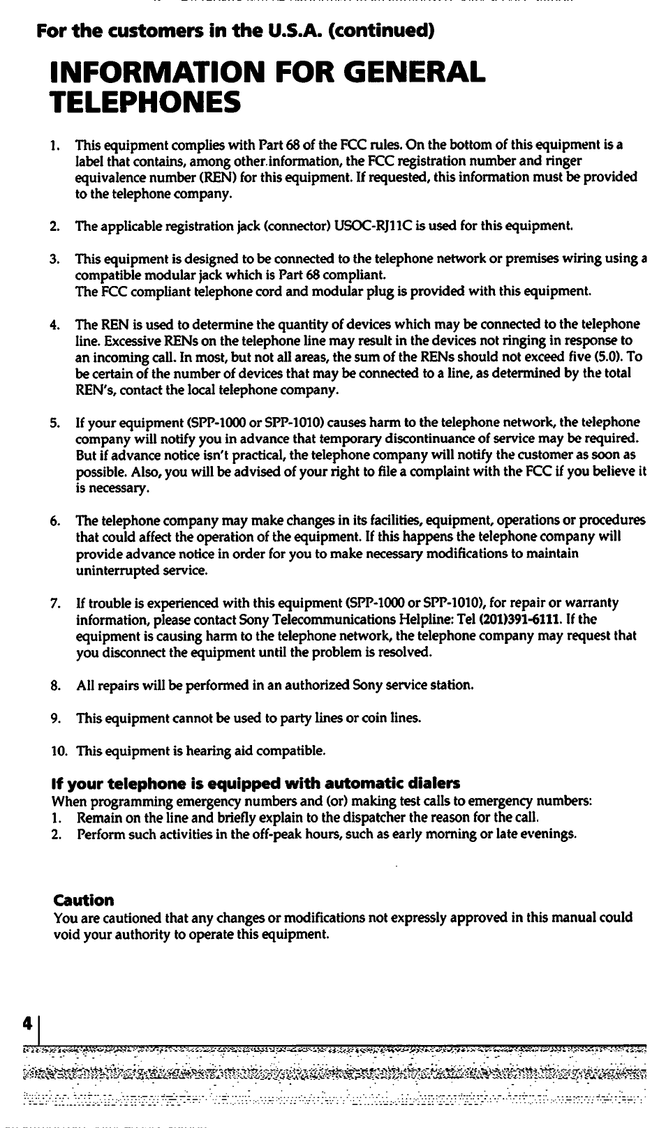 Information for general telephones | Sony SPP-1000 User Manual | Page 4 / 55