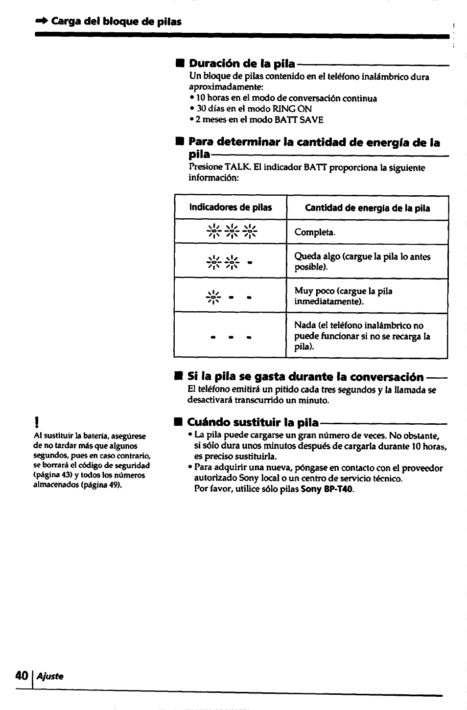 Carga del bloque de pilas, Duración de la pila, Para determinar la cantidad de energía de la pila | Si la pila se gasta durante la conversación, Cuándo sustituir la pila | Sony SPP-1000 User Manual | Page 40 / 55