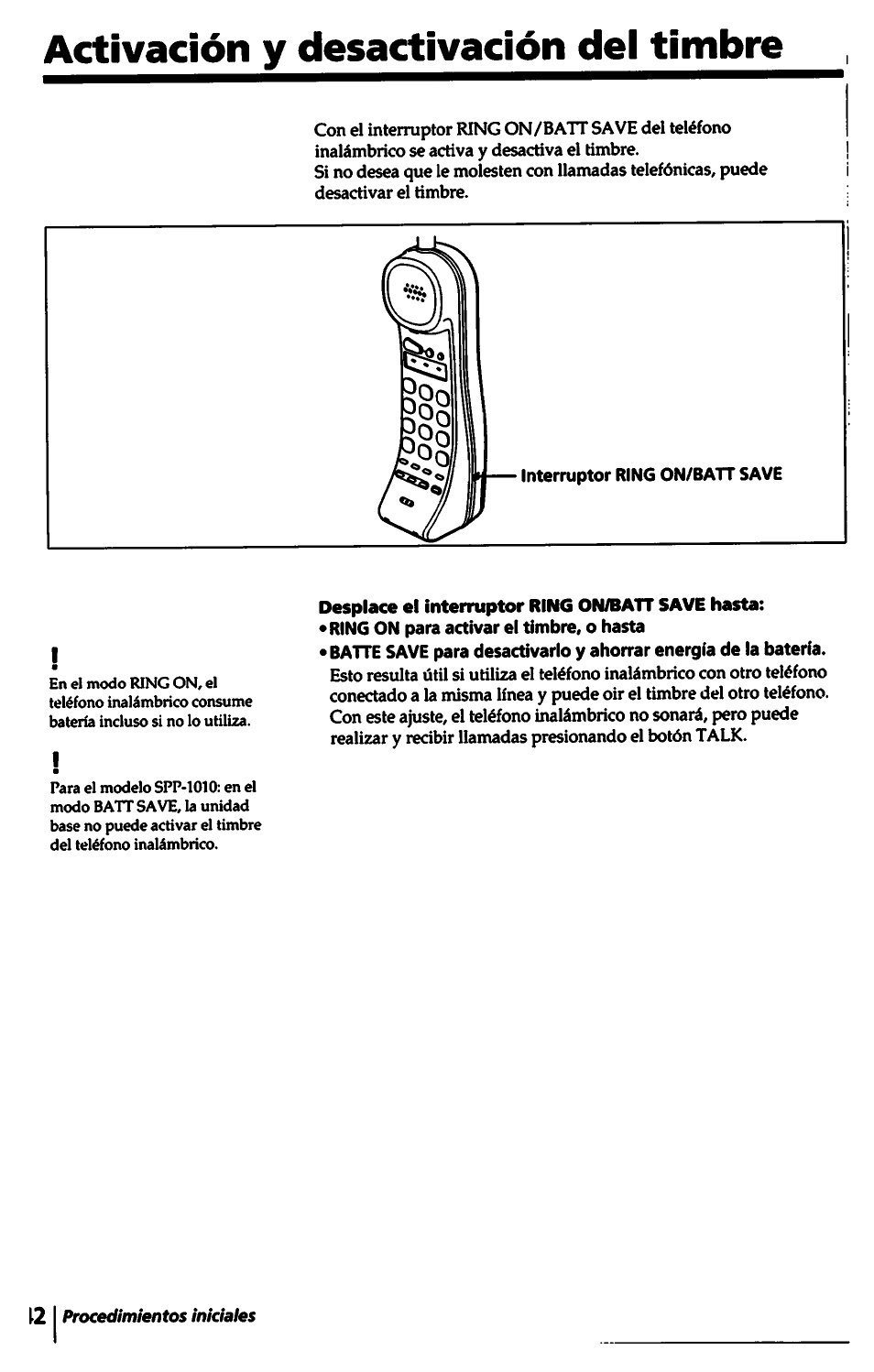 Desplace el interruptor ring on/batt 5ave hasta, Activación y del timbre | Sony SPP-1000 User Manual | Page 42 / 55