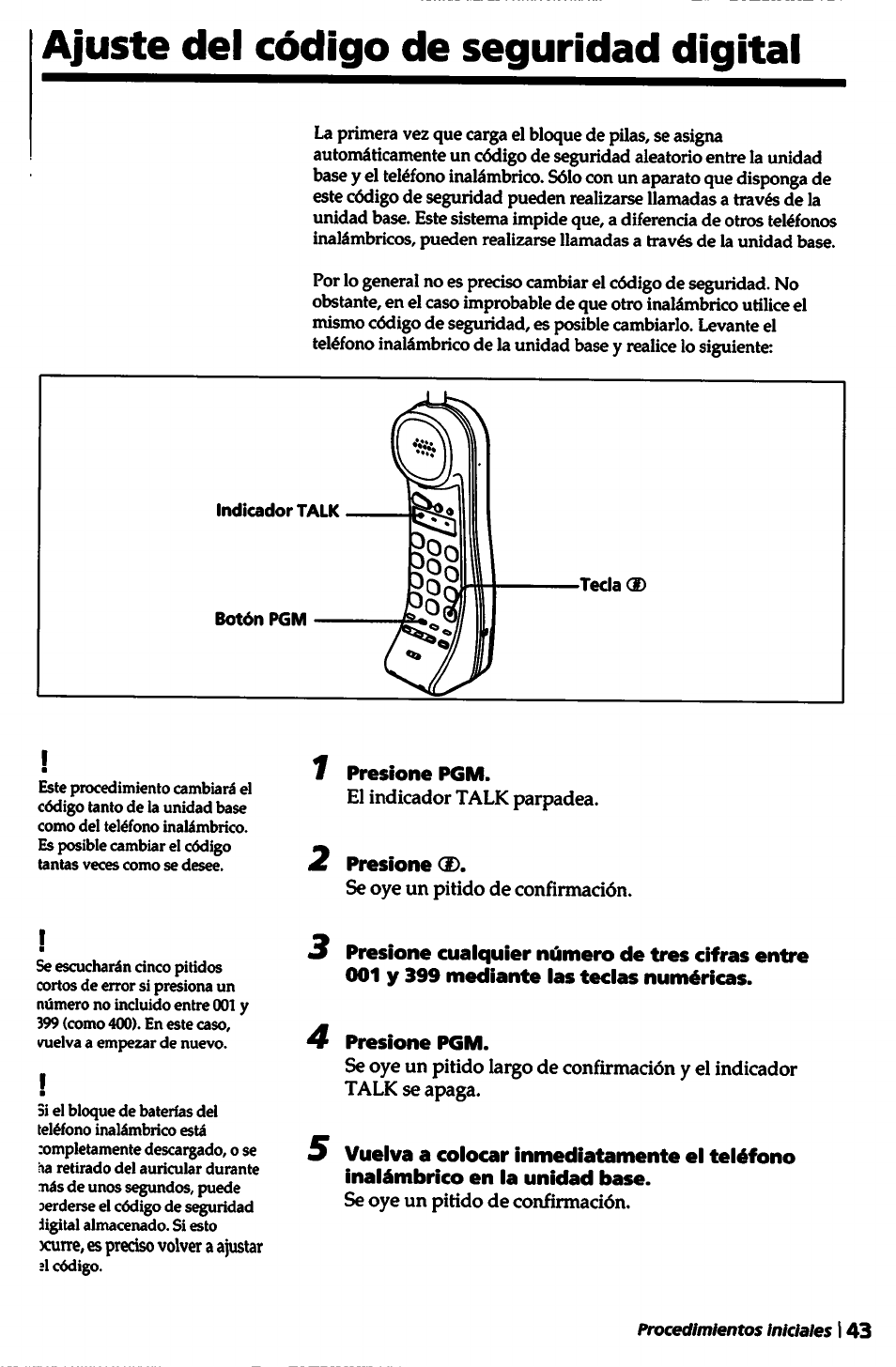 Ajuste del código de seguridad digital, 1 presione pgm, 2 presione d | 4 presione pgm | Sony SPP-1000 User Manual | Page 43 / 55