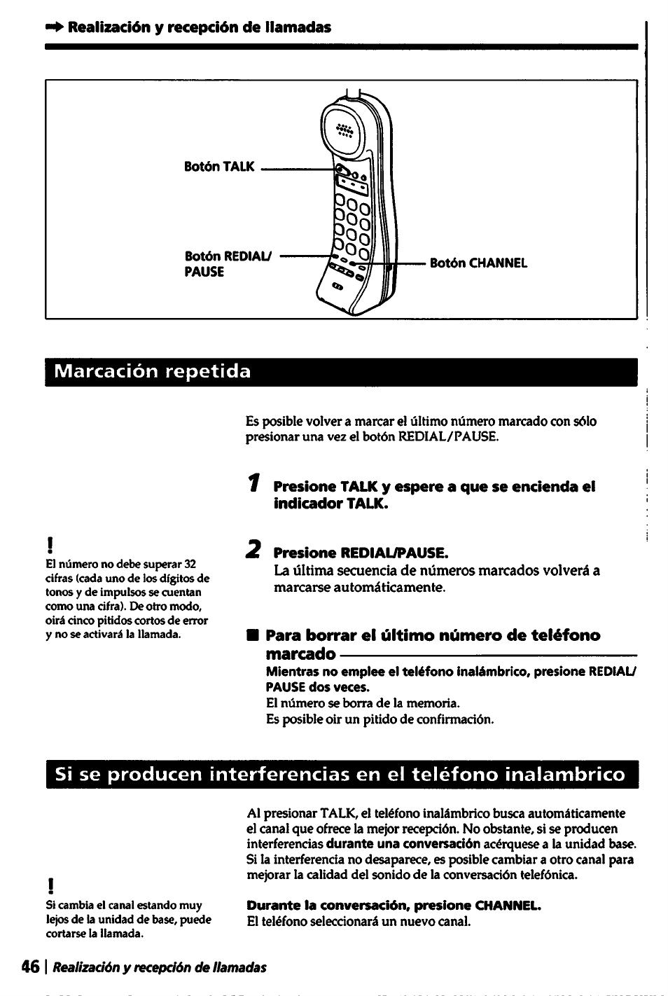 Realización y recepción de llamadas, Marcación repetida, 2 presione rediaupause | Para borrar el último número de teléfono marcado, Durante la conversación, presione channel | Sony SPP-1000 User Manual | Page 46 / 55