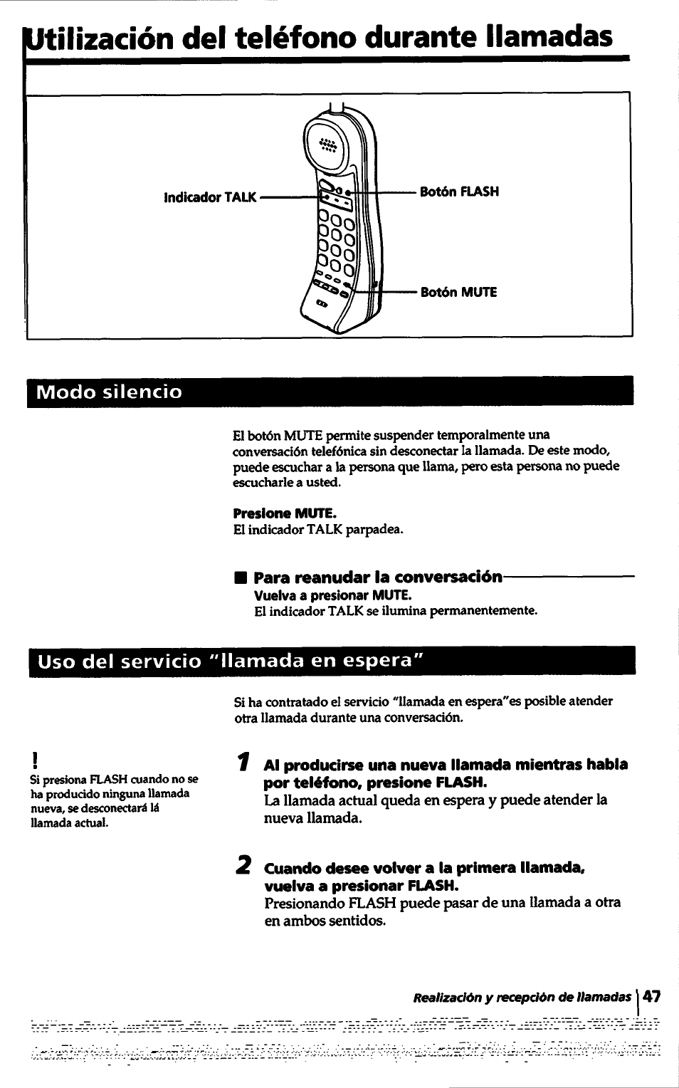 Utilización del teléfono durante llamadas, Modo silencio, Presione mute | Para reanudar la conversación, Uso del servicio "llamada en espera | Sony SPP-1000 User Manual | Page 47 / 55