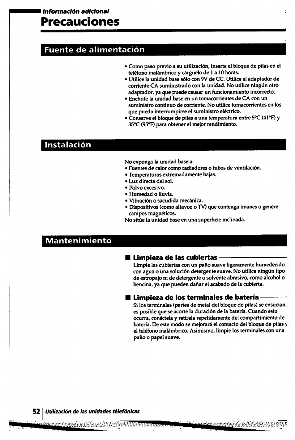 Precauciones, Fuente de alimentación, Instalación | Mantenimiento, Fuente de alimentación instalación | Sony SPP-1000 User Manual | Page 52 / 55