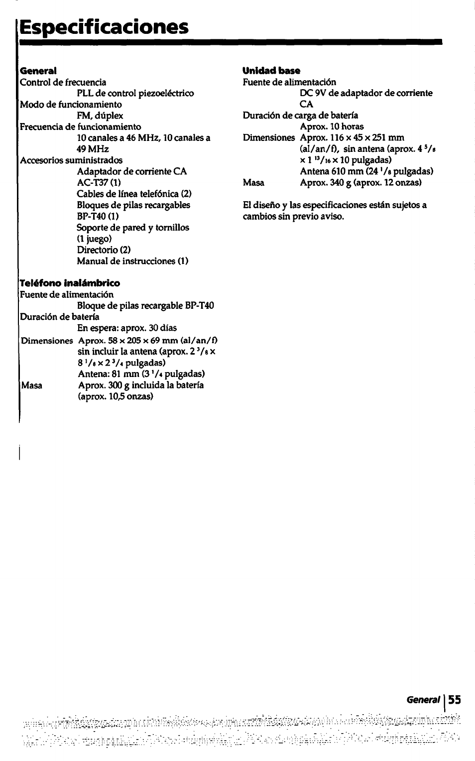 Especificaciones, General, Teléfono inalámbrico | Unidad base | Sony SPP-1000 User Manual | Page 55 / 55