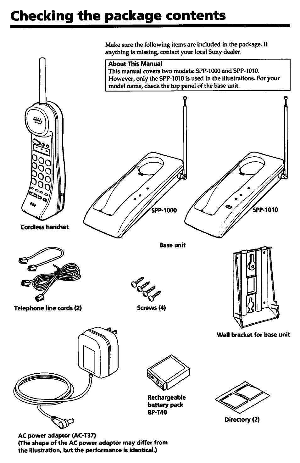 Checking the package contents, About this manual, Ac power adaptor (ac-t37) | Sony SPP-1000 User Manual | Page 6 / 55