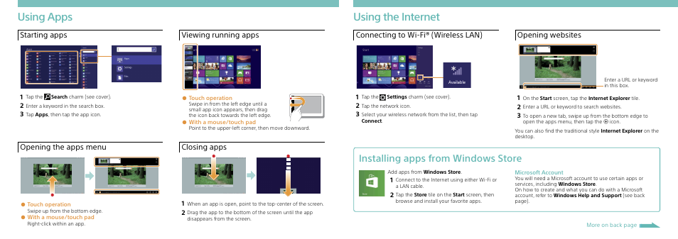 Using apps, Using the internet, Installing apps from windows store | Starting apps, Opening the apps menu, Viewing running apps, Closing apps, Connecting to wi-fi ® (wireless lan), Opening websites | Sony SVD1321BPXB User Manual | Page 2 / 2