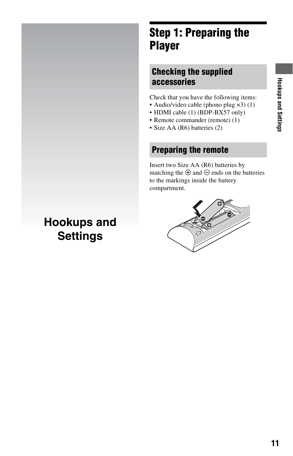 Hookups and settings, Step 1: preparing the player, Hookups and settings step 1: preparing the player | Sony BDP-BX57 User Manual | Page 11 / 39