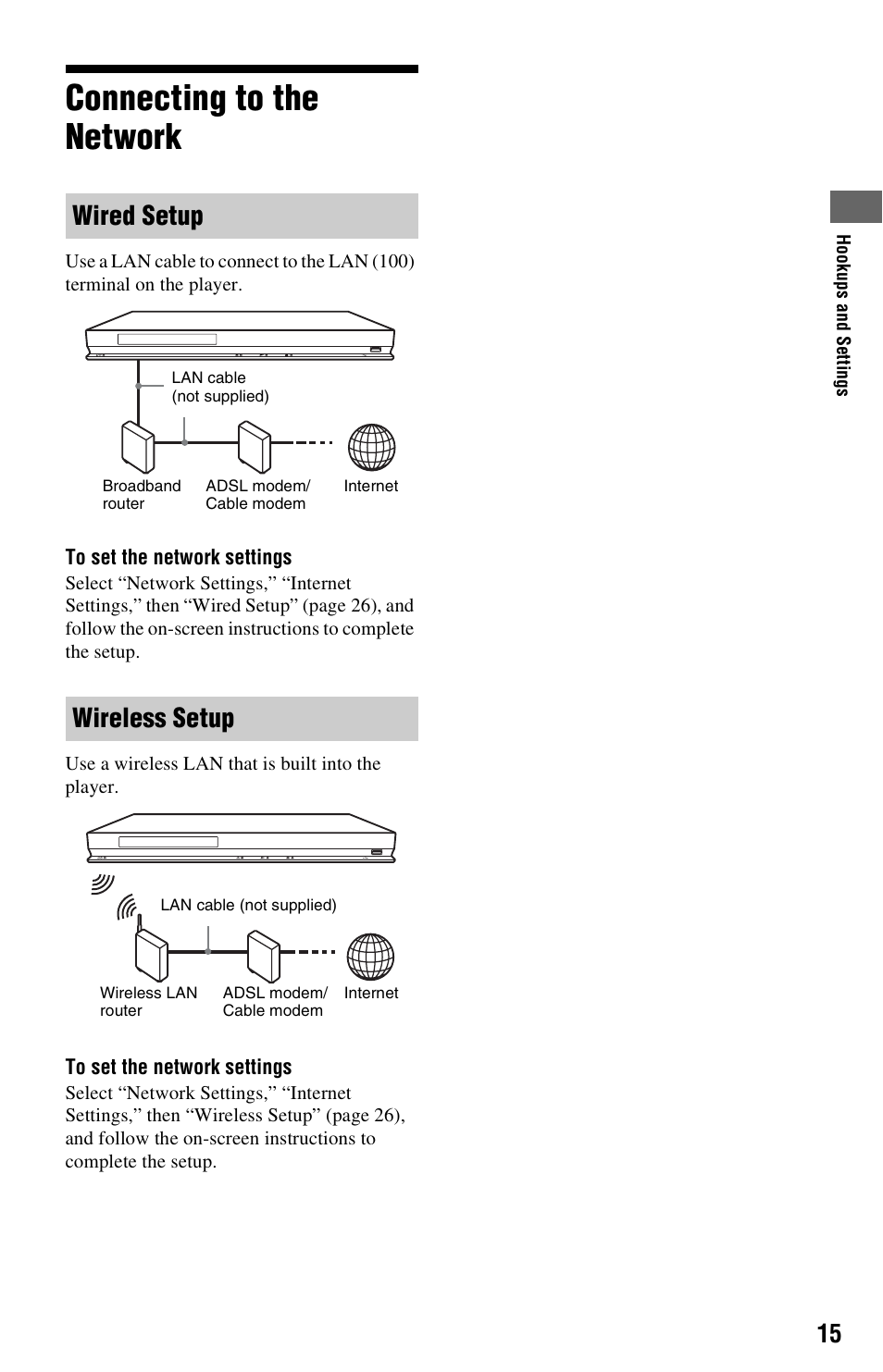 Connecting to the network, Wired setup wireless setup | Sony BDP-BX57 User Manual | Page 15 / 39