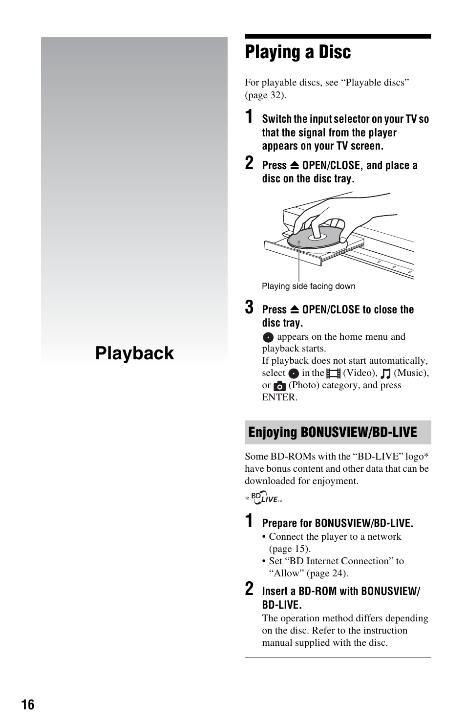 Playback, Playing a disc, Playback playing a disc | Enjoying bonusview/bd-live | Sony BDP-BX57 User Manual | Page 16 / 39