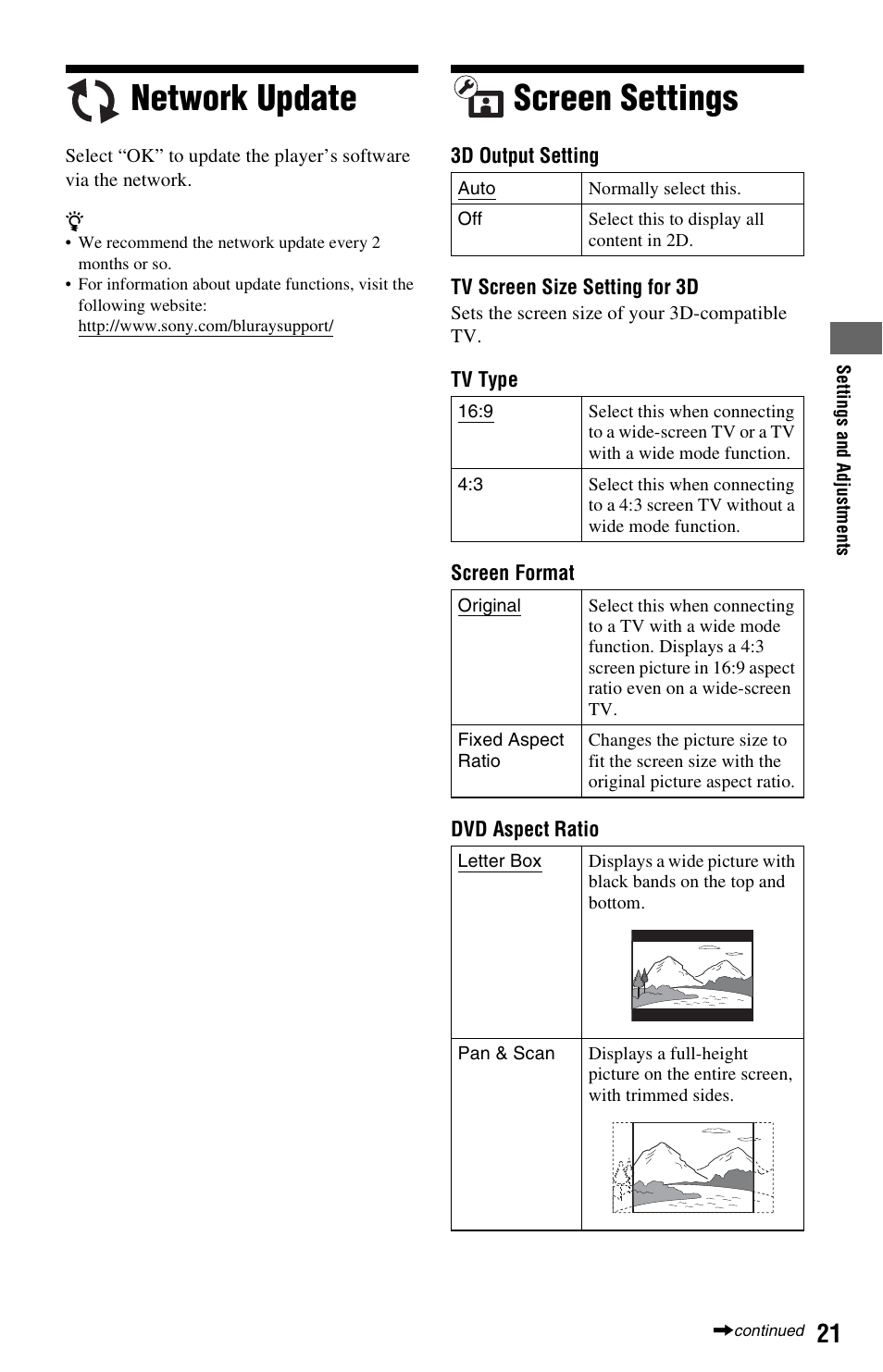 Network update, Screen settings, Network update screen settings | Sony BDP-BX57 User Manual | Page 21 / 39