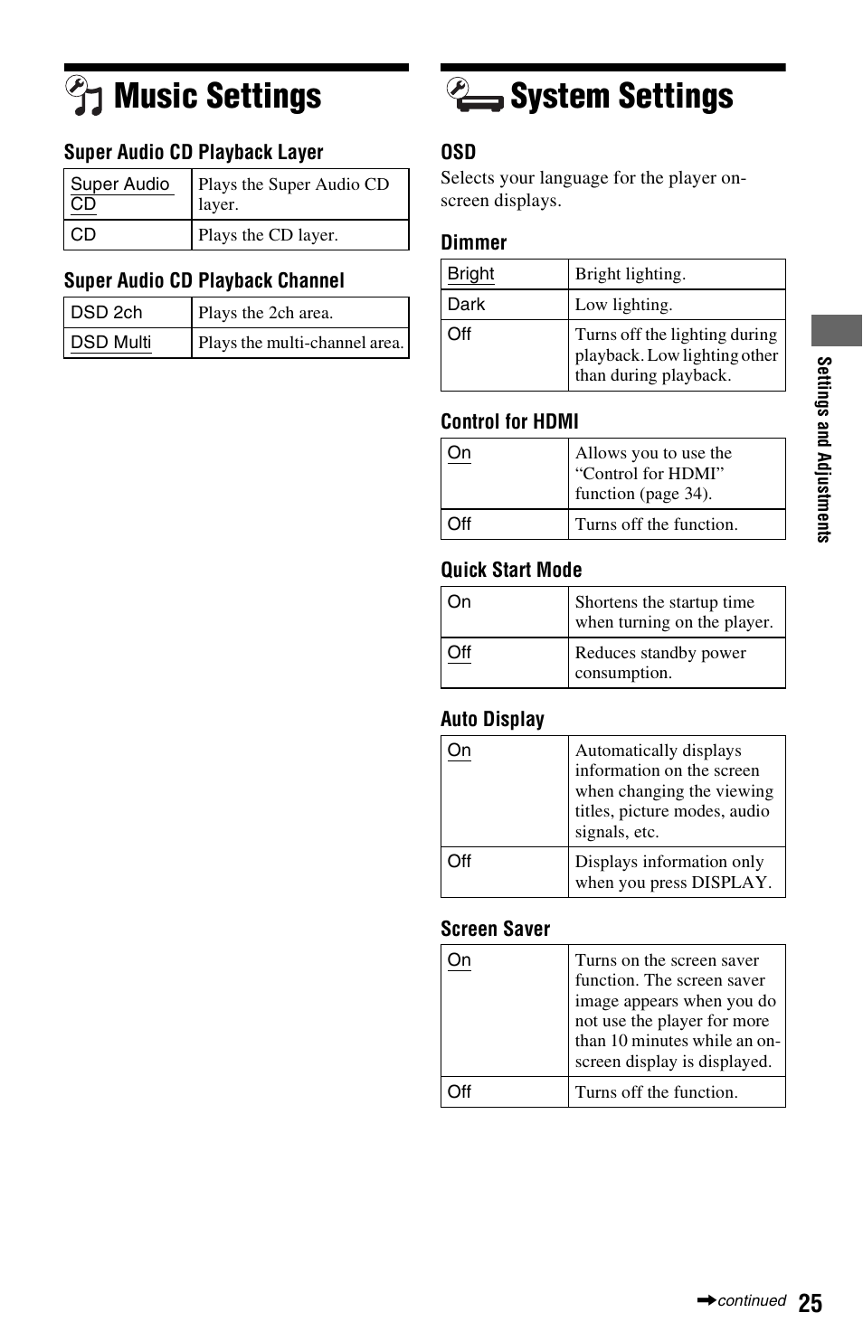 Music settings, System settings, Music settings system settings | Sony BDP-BX57 User Manual | Page 25 / 39