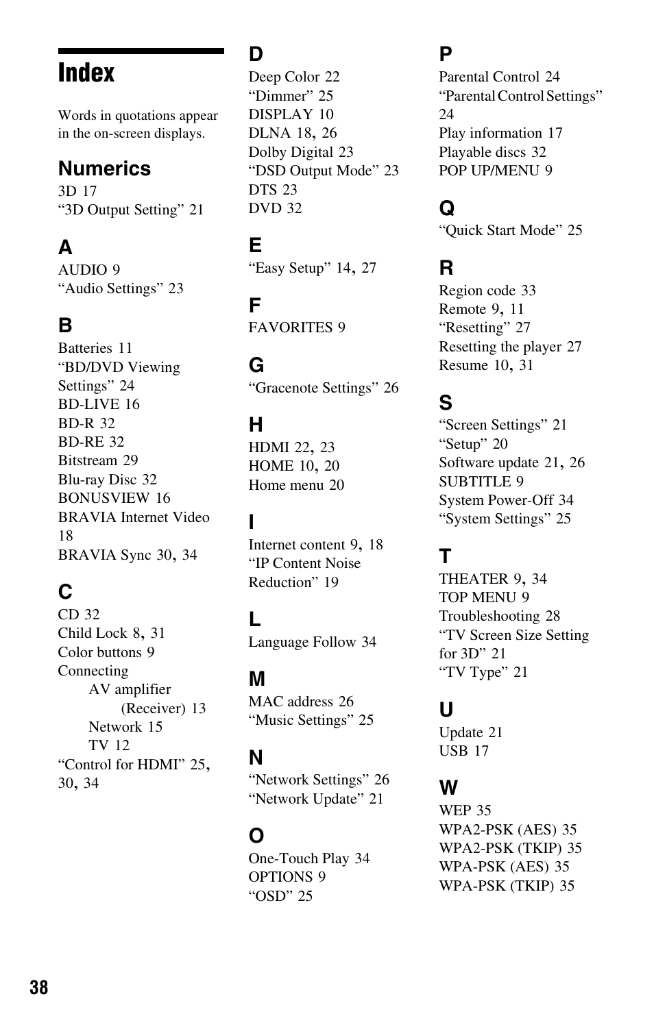 Index, Numerics | Sony BDP-BX57 User Manual | Page 38 / 39