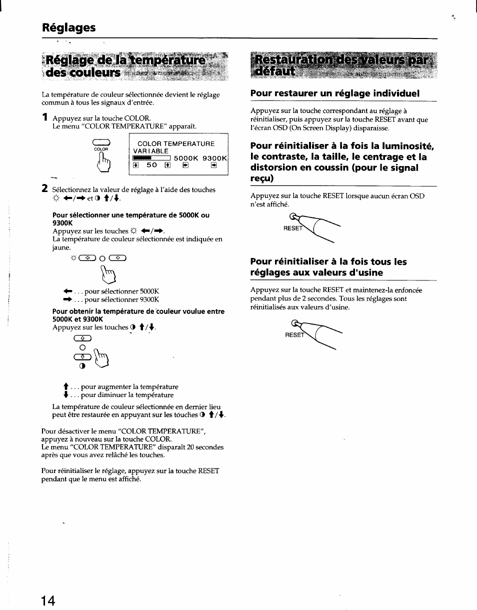 Réglages, Réglage de la température des couleurs, Défaut | Sony CPD-100SF User Manual | Page 14 / 30