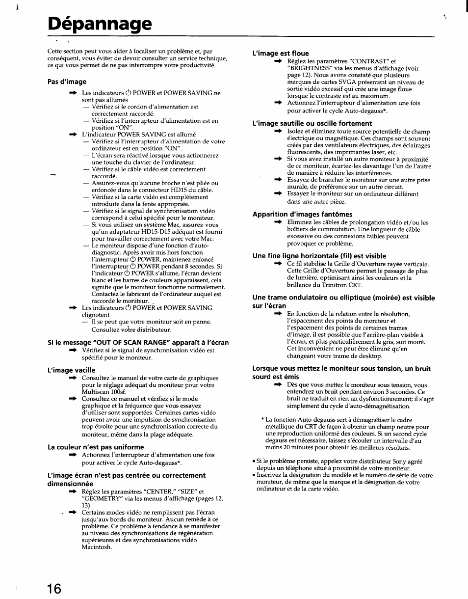 Dépannage | Sony CPD-100SF User Manual | Page 16 / 30