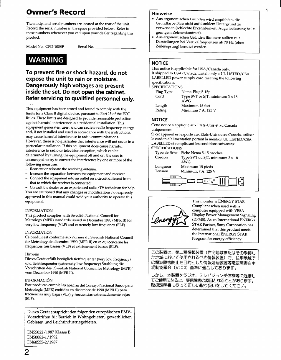 Owner's record, Warning, Íssí0.^»icííéo rie d ur < remilo | Sony CPD-100SF User Manual | Page 2 / 30