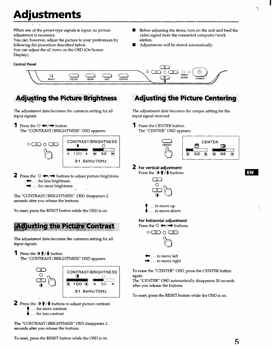 Adjusting the picture contrast, Adjustments | Sony CPD-100SF User Manual | Page 5 / 30