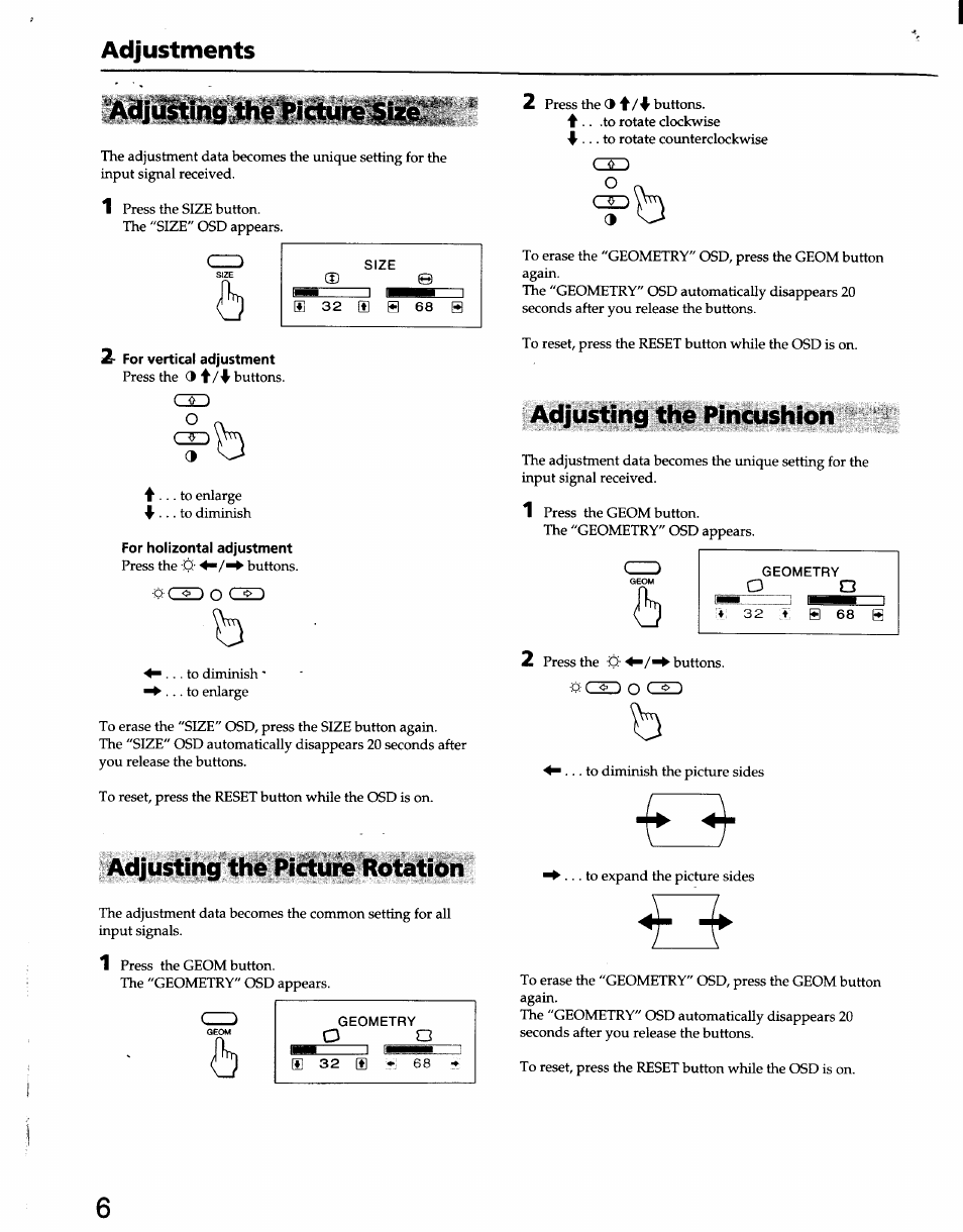 Adjustments, Adjusting the picture rotation, Adjusting the pincushion | Adjusting the'picture size | Sony CPD-100SF User Manual | Page 6 / 30