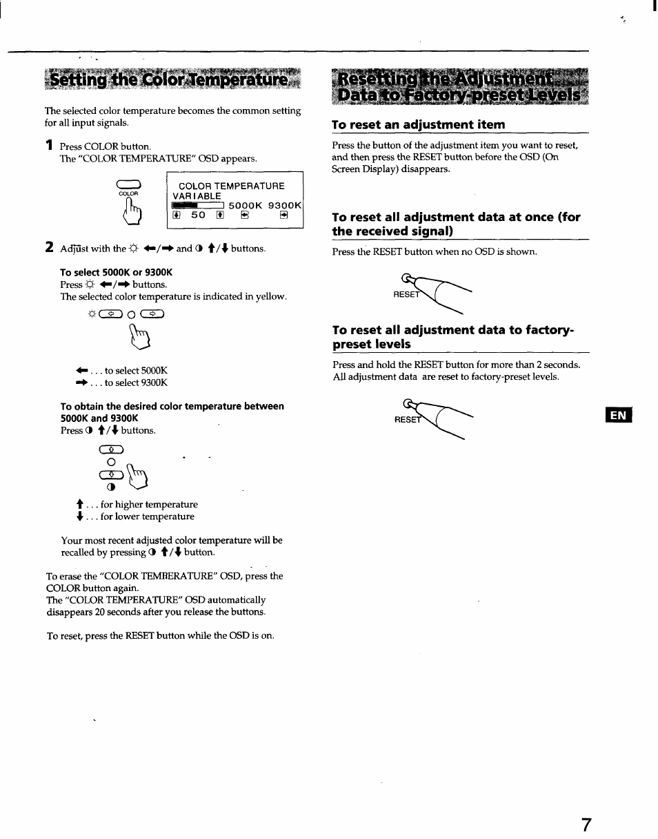 Setting the color temj^rature, Data 40'fact6ry-bres^ :le^els, Data 40 'fact 6 ry-bres^ :le^els | Sony CPD-100SF User Manual | Page 7 / 30