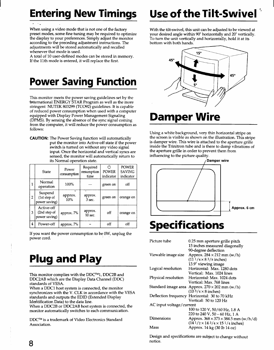 Entering new timings use of the tilt-swivel, Plug and play, Damper wire | Specifications, Power saving function | Sony CPD-100SF User Manual | Page 8 / 30