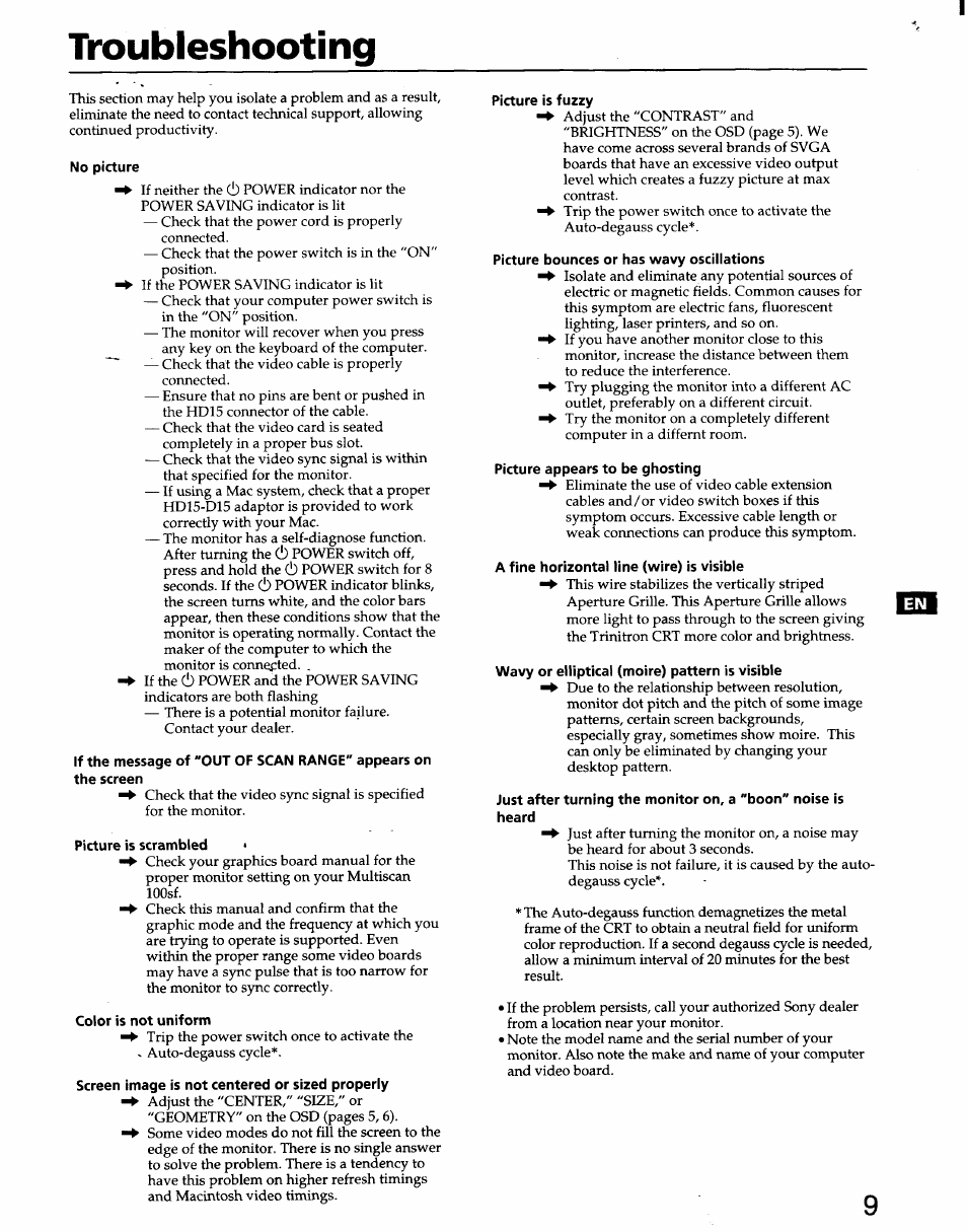 Troubleshooting | Sony CPD-100SF User Manual | Page 9 / 30