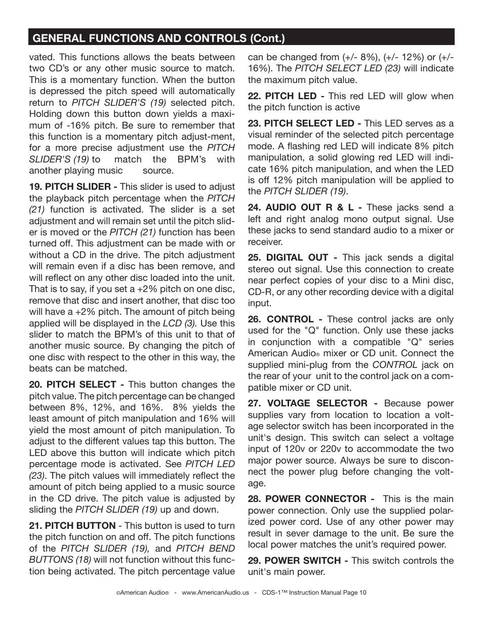 General functions and controls (cont.) | American Audio CDS-1 User Manual | Page 10 / 24