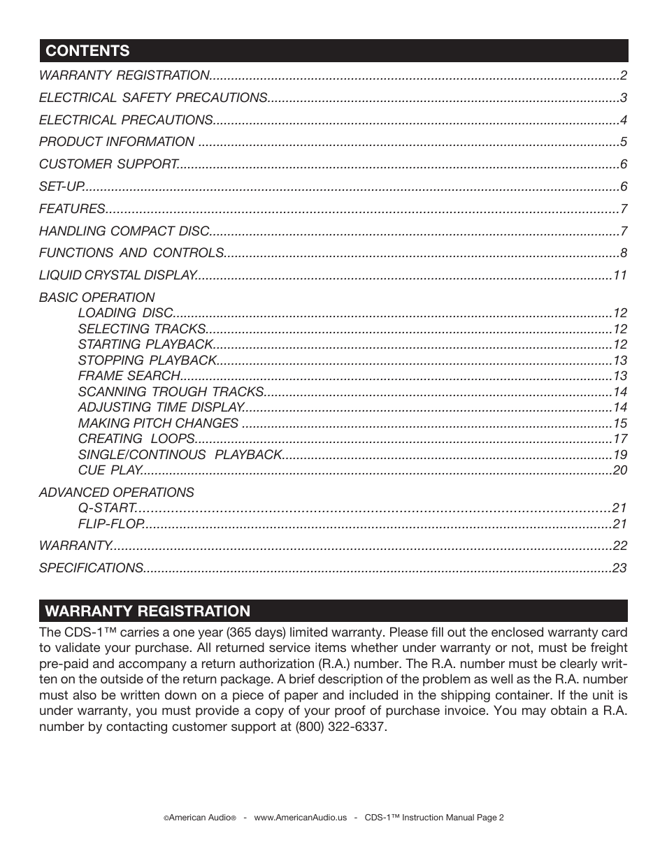 Contents warranty registration | American Audio CDS-1 User Manual | Page 2 / 24