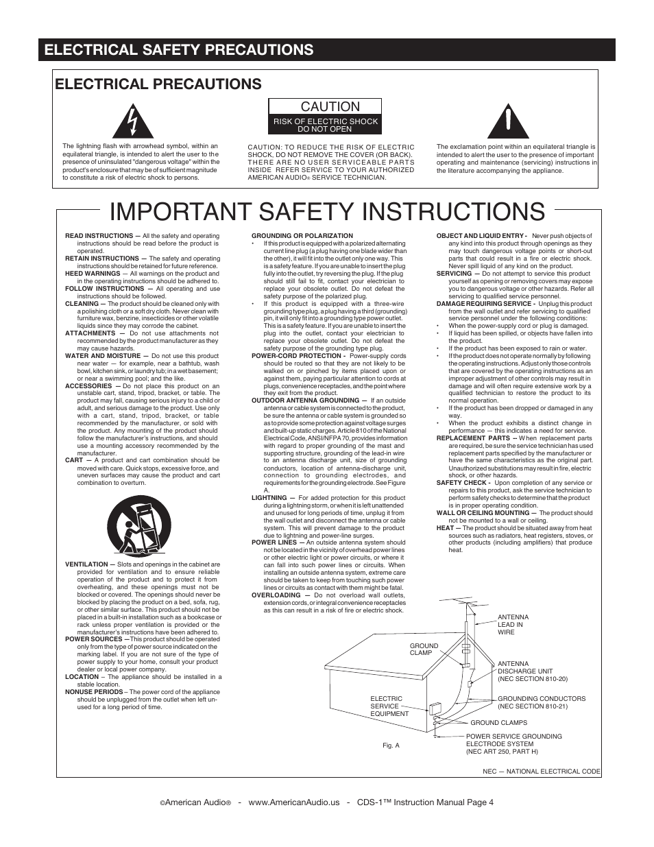 Important safety instructions, Electrical precautions, Electrical safety precautions | Caution | American Audio CDS-1 User Manual | Page 4 / 24