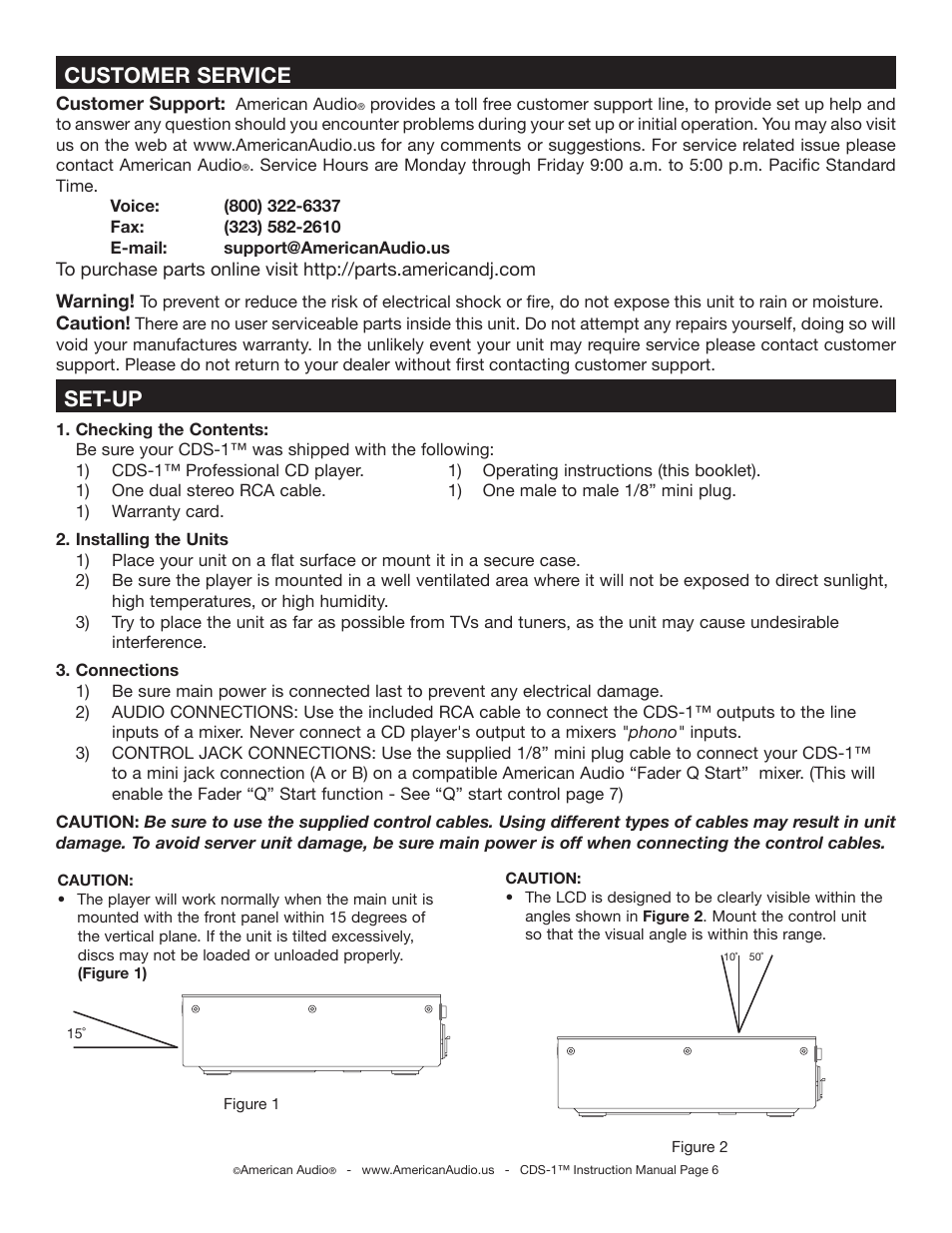 Set-up, Customer service | American Audio CDS-1 User Manual | Page 6 / 24