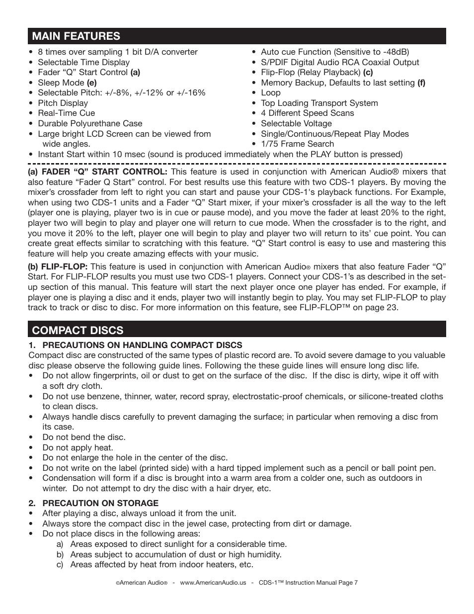 Main features, Compact discs | American Audio CDS-1 User Manual | Page 7 / 24