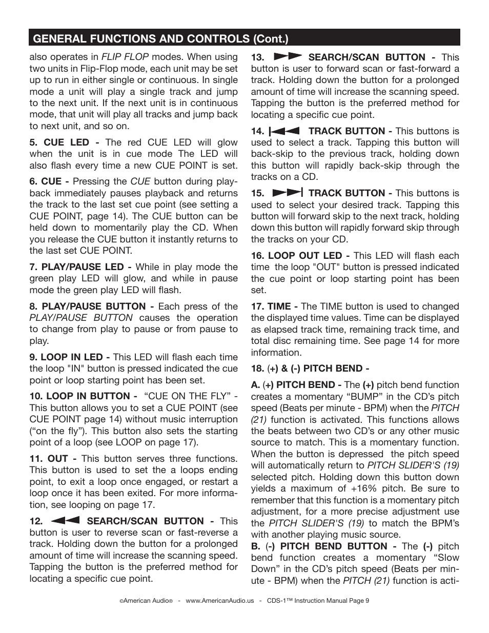 General functions and controls (cont.) | American Audio CDS-1 User Manual | Page 9 / 24