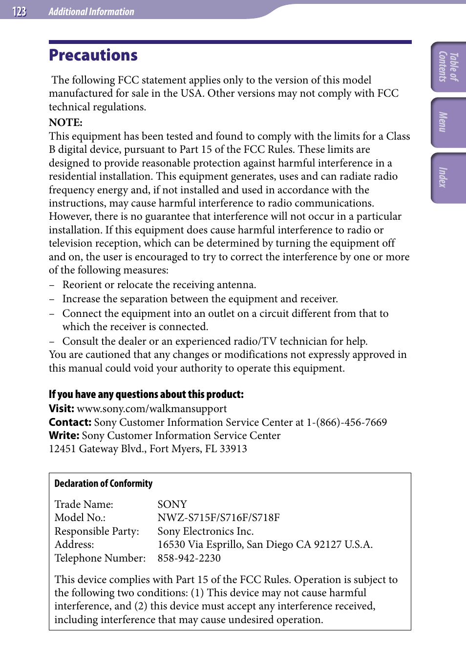 Additional information, Precautions | Sony NWZ-S716FSNC User Manual | Page 123 / 140