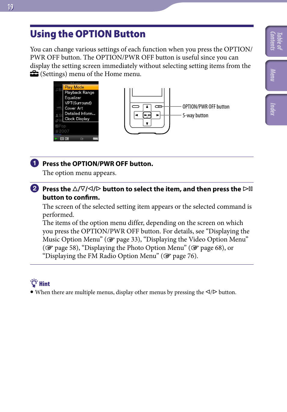 Using the option button | Sony NWZ-S716FSNC User Manual | Page 19 / 140