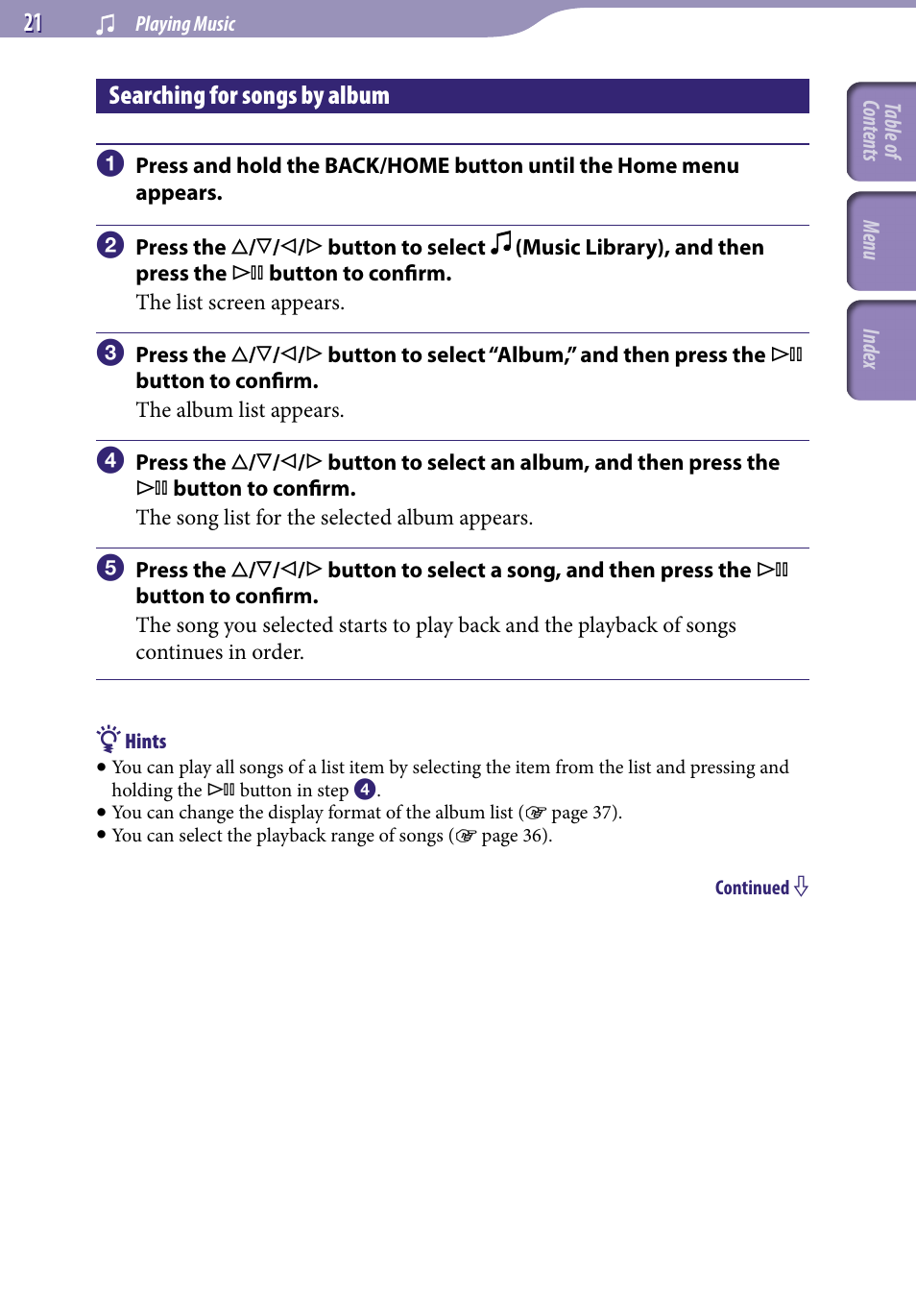 Searching for songs by album, Album | Sony NWZ-S716FSNC User Manual | Page 21 / 140