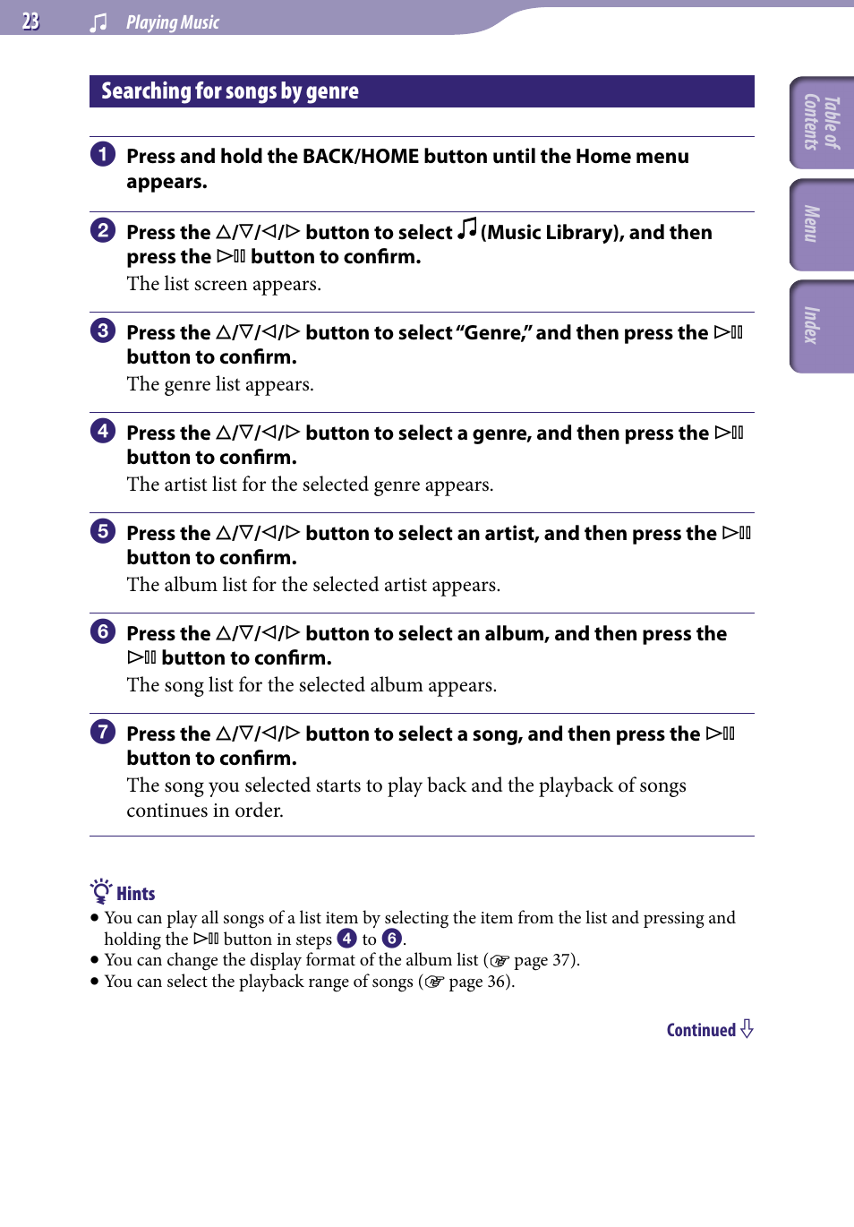 Searching for songs by genre, Genre | Sony NWZ-S716FSNC User Manual | Page 23 / 140