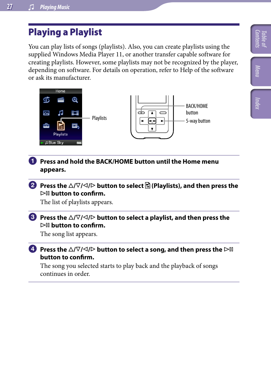 Playing a playlist, Playlists | Sony NWZ-S716FSNC User Manual | Page 27 / 140