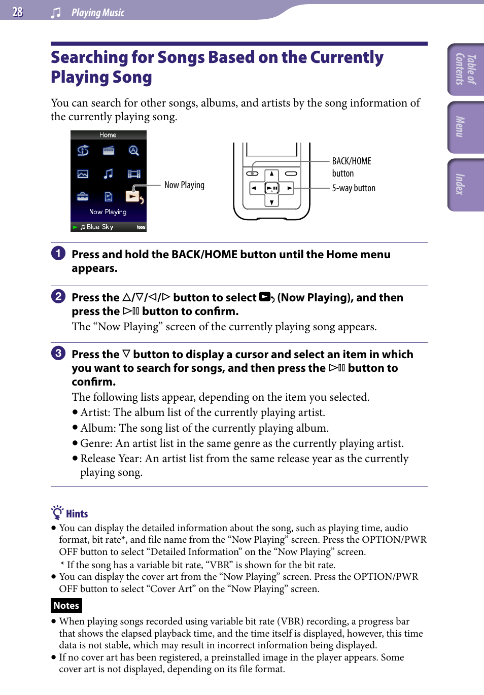 Searching for songs based on the, Currently playing song | Sony NWZ-S716FSNC User Manual | Page 28 / 140