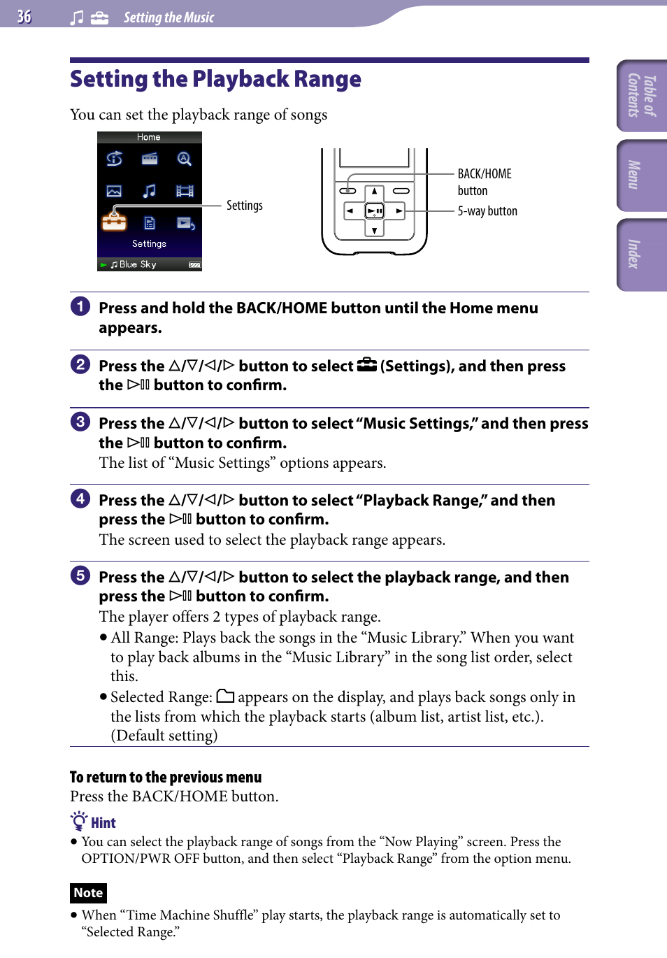 Setting the playback range, Playback range | Sony NWZ-S716FSNC User Manual | Page 36 / 140