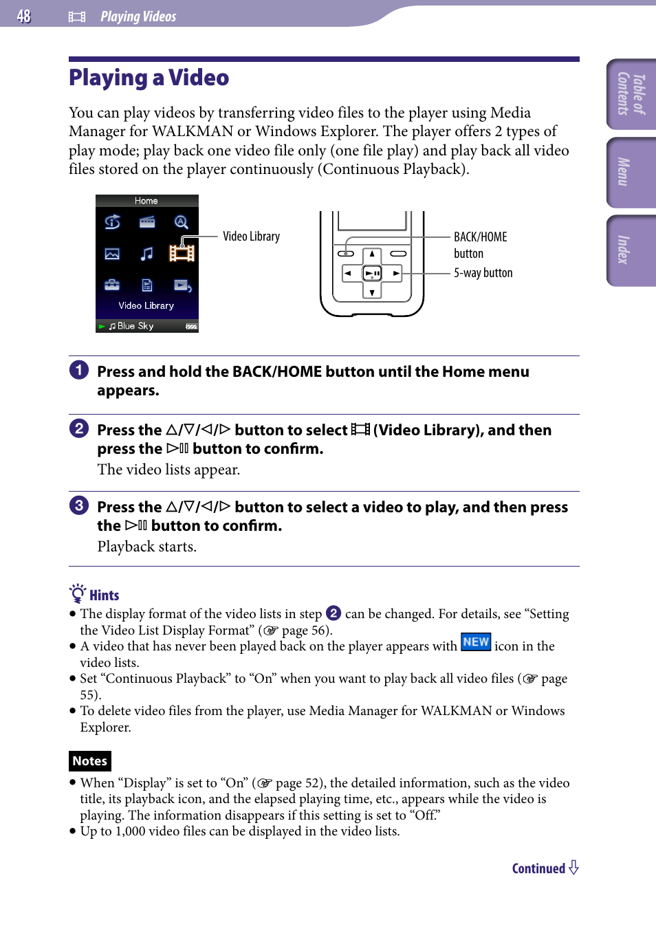 Playing videos, Playing a video, Video library | Sony NWZ-S716FSNC User Manual | Page 48 / 140