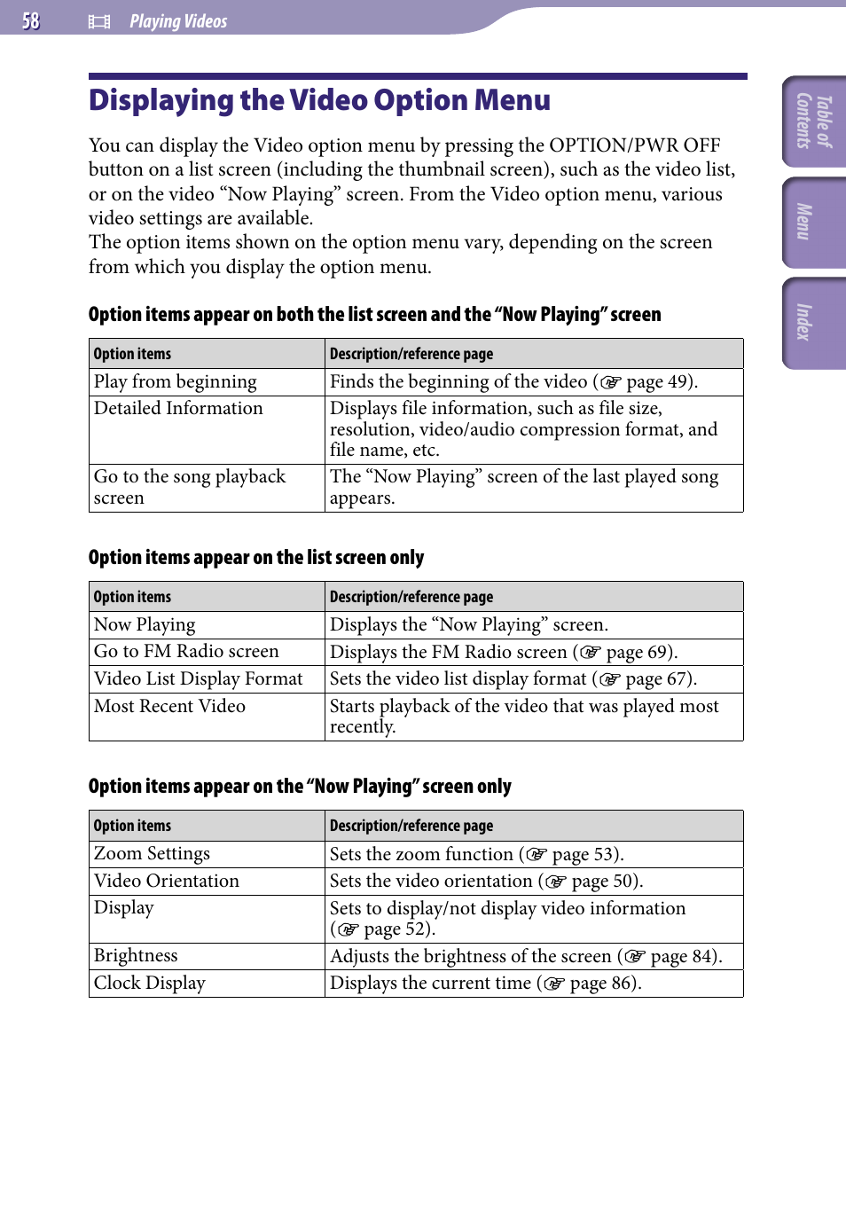 Displaying the video option menu | Sony NWZ-S716FSNC User Manual | Page 58 / 140