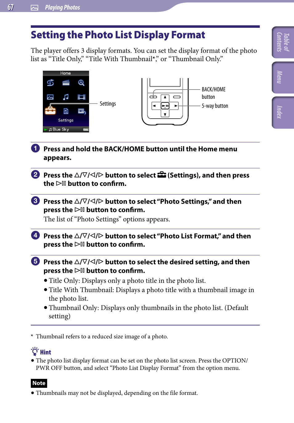 Setting the photo list display format, Setting the photo list display, Format | Photo list format | Sony NWZ-S716FSNC User Manual | Page 67 / 140