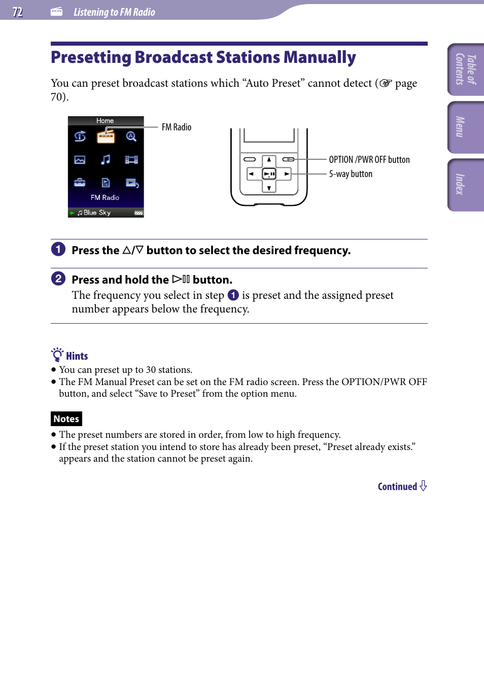 Presetting broadcast stations manually, Presetting broadcast stations, Manually | Sony NWZ-S716FSNC User Manual | Page 72 / 140