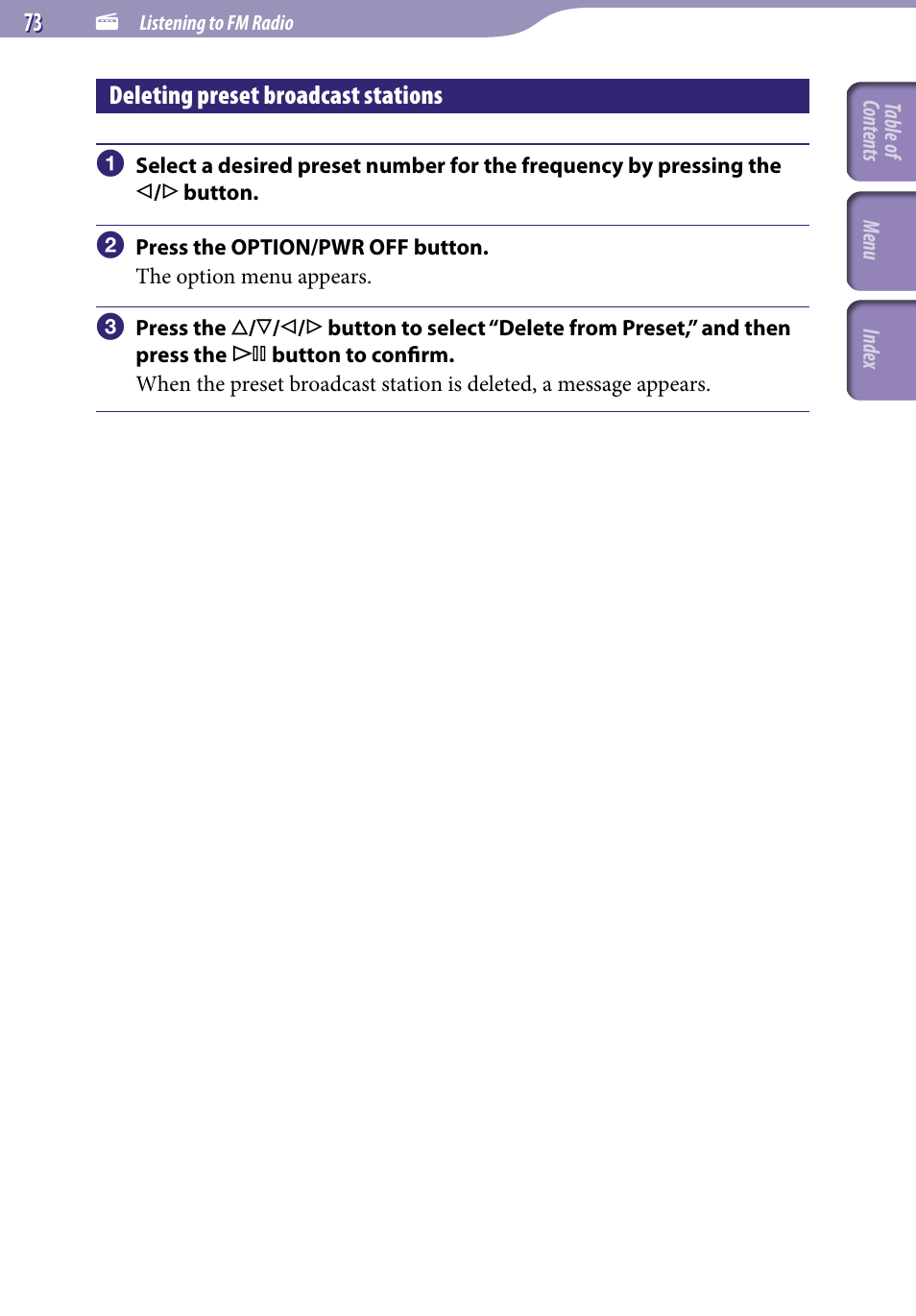 Deleting preset broadcast stations | Sony NWZ-S716FSNC User Manual | Page 73 / 140