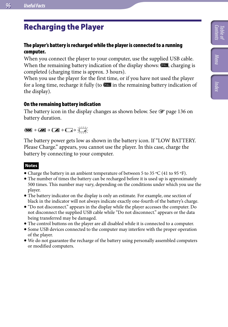 Useful facts, Recharging the player | Sony NWZ-S716FSNC User Manual | Page 96 / 140